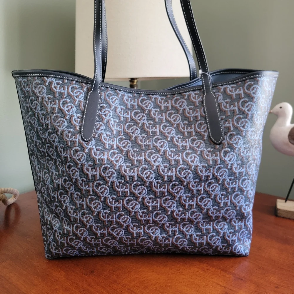 Coach CF342 City Tote Navy Blue Monogram Signature Canvas Leather NWT